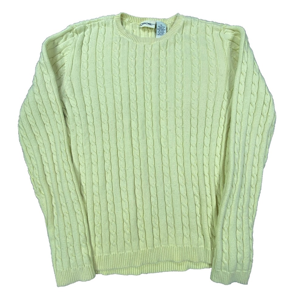 Vintage Cherokee Sweater Cable Knit Medium 100% Cotton Yellow 90s Y2K Retro UK